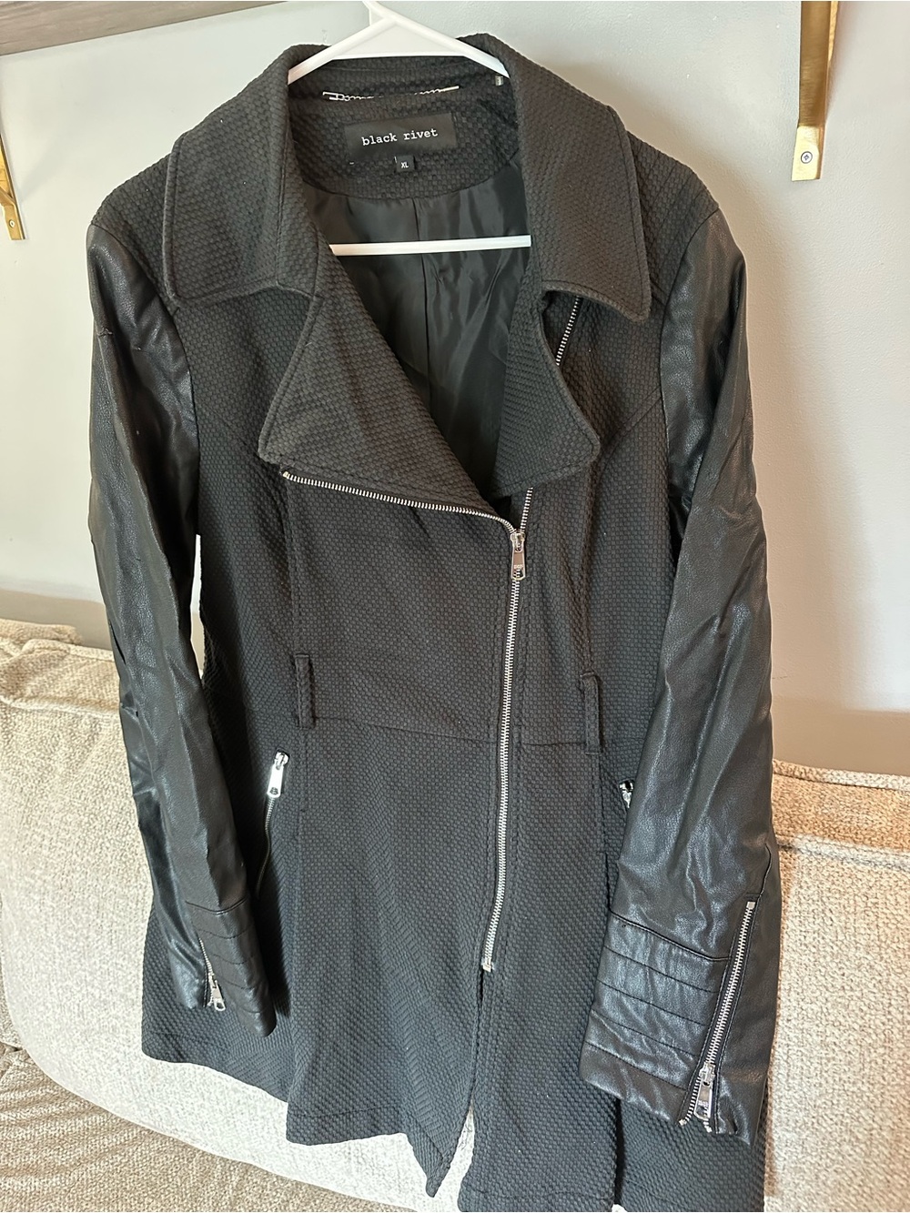 Black Rivet Black Mixed-Media Asymmetrical Moto Jacket